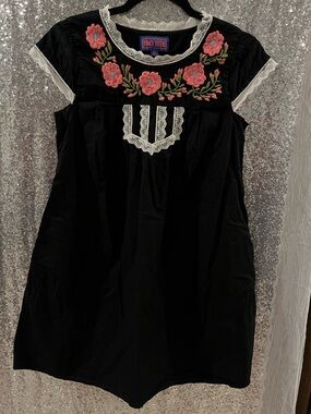 Tracy Feith Black Dress with Pink Floral Embroidery
